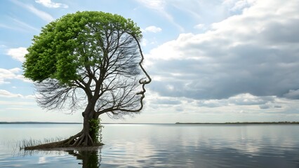 Surreal tree shaped like human head reflected in calm water, nature and mind connection concept