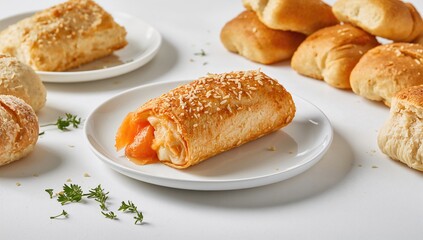 Salmon and cheese stuffed pancake rolls, isolated on white background, fresh and healthy spring food