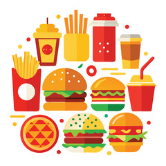 An illustration of various burger and fast-food items