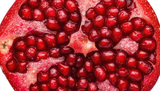 Close-up of a sliced pomegranate showing juicy, vibrant seeds, fresh and nutritious fruit segments