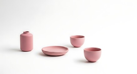 Minimal Pink Ceramic Tableware: Vase, Plate, and Cups Still Life Against White Background