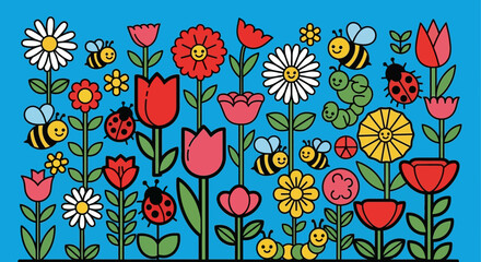 Vibrant cartoon floral pattern with friendly insects on a cheerful blue background