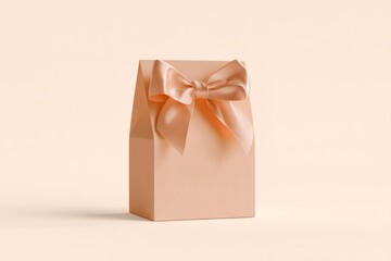 Pink gift box with satin ribbon bow on pastel pink background. Studio photo with soft lighting. Celebration and holiday packaging concept. Design for greeting card, invitation, sticker, print, poster.
