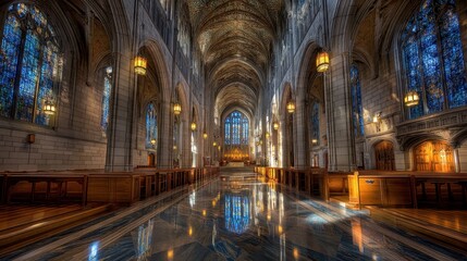 Obraz premium Majestic Interior of Gothic Cathedral with Stunning Stained Glass Windows and Reflective Marble Floor