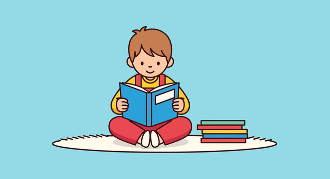 Enthusiastic young reader engrossed in a captivating book on a cozy rug setting with a blue