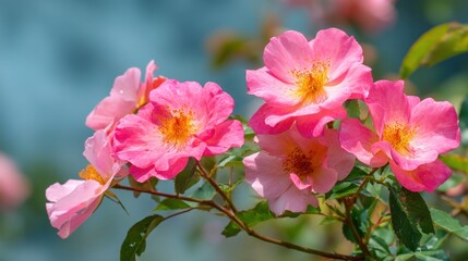 Obraz premium Beautiful Pink Roses in Bloom with Delicate Petals Against a Soft Blue Background, Perfect for Nature Lovers and Floral Designs