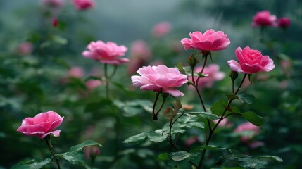 Obraz premium Beautiful Pink Roses in Soft Focus Surrounded by Lush Green Foliage in a Serene Natural Landscape