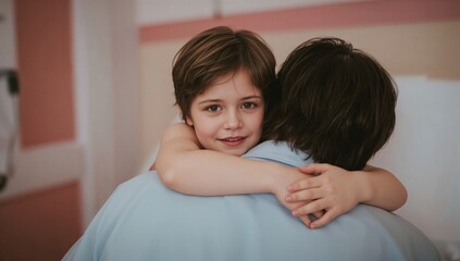 Smiling child hugging parent indoors, expressing warmth, love, and family togetherness in a cozy home environment