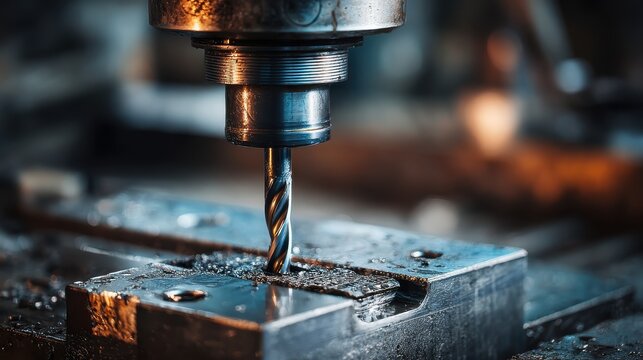 Precision metalworking with a drill bit cutting into steel, showcasing intricate details in a workshop environment with illuminated machining tools.