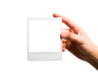 Hand holding a blank polaroid photo frame isolated on transparent background