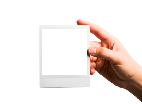 Hand holding a blank polaroid photo frame isolated on transparent background - Powered by Adobe