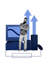 Collage image of confident handsome man crossed hands work success progress isolated on drawing...