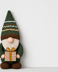 Scandinavian Christmas Flat Lay A knitted gnome holding a gift, symbolizing warmth and festive cheer.