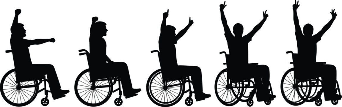 Wheelchair silhouette illustration, disabled person raising arms, inclusive mobility design, accessibility concept, adaptive exercise, disability empowerment, rehabilitation support,
