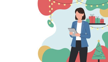 Woman using tablet for holiday shopping or business tasks in a festive setting