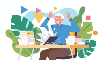 Furious senior man buried in paperwork Business stress frustration and overwork illustration