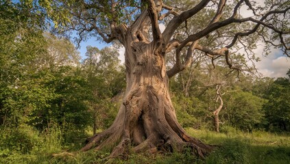 Fototapeta premium A weathered oak tree with a gnarled trunk, showcasing the impact of time on natural growth, erosion risk