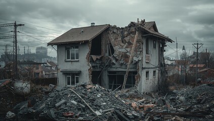 Damaged structure following seismic event, risk of collapse and instability