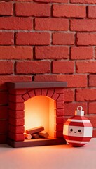 Mini 3D fireplace toy with glowing warm light minimal red brick Christmas decoration cute design