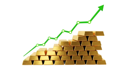 Stack of gold bars with a green upward trending financial graph isolated on transparent background