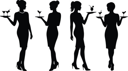 Elegant women silhouettes serving cocktails, hospitality waitress figures, stylish hostess models with drinks, black fashion outline, 