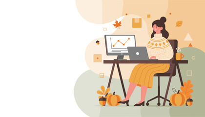 Fall business illustration Woman working on laptop with pumpkins and warm coffee