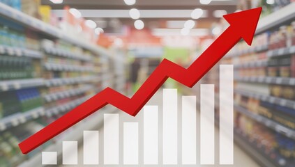 Big red arrow signifying growth over a blurred supermarket backdrop, illustrating inflation in retail finance and economics