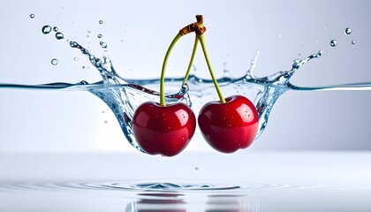 Two vibrant cherries plunge into water, creating a dynamic splash and ripples