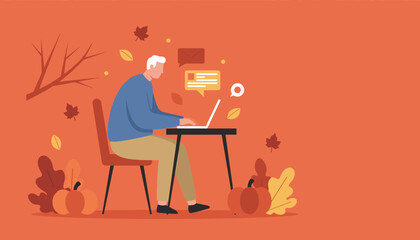 Senior man uses laptop for remote work and communication in a cozy seasonal autumn setting