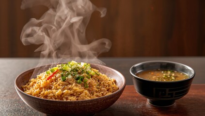 Fried rice served alongside miso soup, a protein-rich meal option