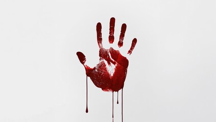 Isolated bloody handprint featuring a drip pattern on a white backdrop, safety concern