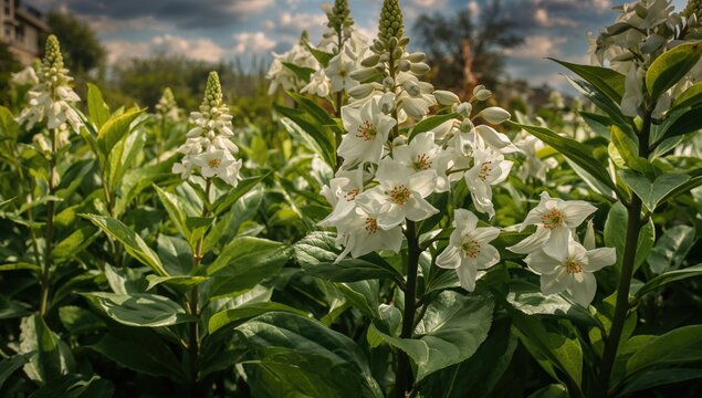 Blooming white Pentas lanceolata blossoms in a garden setting