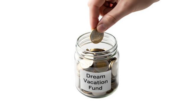 Hand dropping coin into glass jar labeled vacation fund isolated on transparent background