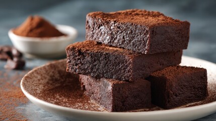 Brownies stacked high on a plate appear moist and decadent dusted with rich cocoa powder.