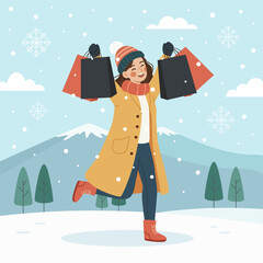 A woman walks after shopping, carrying a shopping bag during winter. Illustration of December Winter Sale.