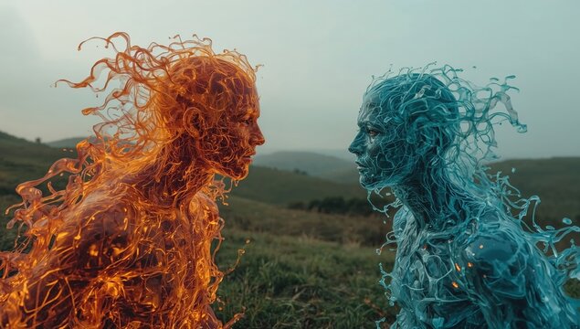 Dynamic faceoff between fiery and watery figures symbolizing elemental conflict and balance in a natural landscape setting