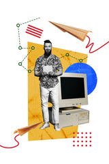 Vertical photo collage of happy man freelancer hold tablet pc monitor device paper plane...