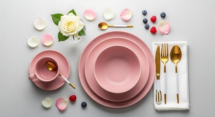 Elegant Pink Table Setting with Gold Cutlery and Floral Accents