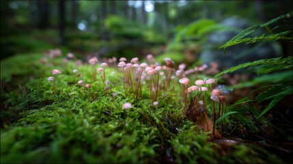 Fototapeta premium Delicate Mushrooms Growing on Lush Green Moss in a Serene Forest Setting with Natural Light Filtering Through Trees
