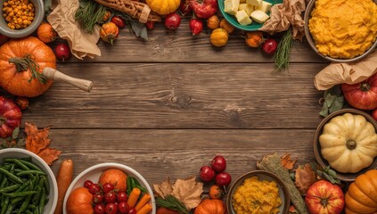 Thanksgiving feast table setting featuring green beans, mashed potatoes, and pumpkin soup, traditional meal arrangement