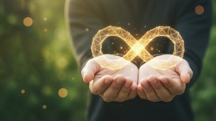 The hands holding a glowing infinity symbol showing sustainability, circular economy, and renewal, sustainable & green manufacturing concept