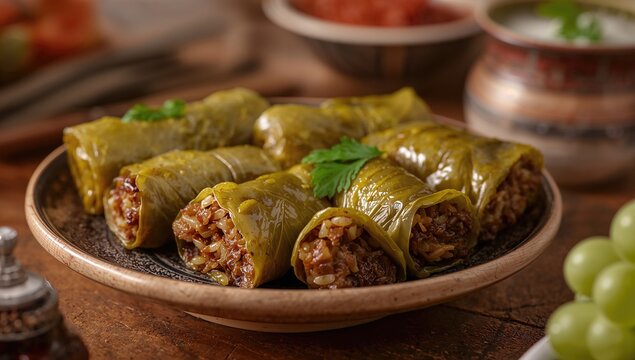 Delicious Middle Eastern dolma with grape leaves filled with rice served on a ceramic dish