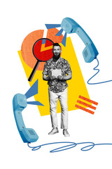 Vertical photo collage of happy man freelancer hold tablet handset call center ring answer diagram...