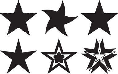 Collection of various star shapes in black and white illustration