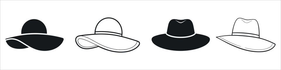 Chic Women's Hat Icon Set Vector. Features a collection of elegant silhouette and outline hats, including wide-brimmed and fedora styles. Perfect graphic for Fashion, Summer Style, Accessories.