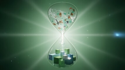 A transparent hourglass with recycled materials turning into clean shapes showing renewal, sustainable & green manufacturing concept