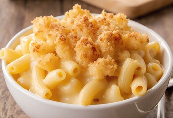 creamy bowl of mac and cheese with a golden crust