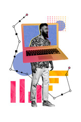 Vertical composite collage artwork image picture of mini guy laptop screen isolated on creative...