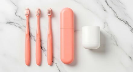 Modern Dental Care Set: Toothbrushes, Case and Cup on Marble Background