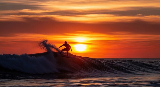 Silhouette Surfer Riding Wave At Sunset 
